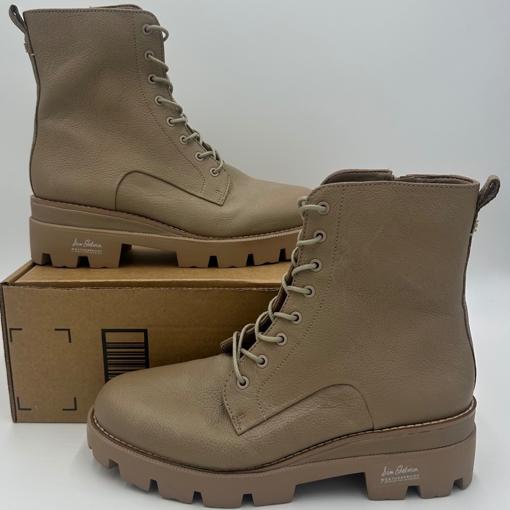 Sam Edelman Combat Boots Womens 10 Sesame Garret Weatherproof Lug Sole Zip Up